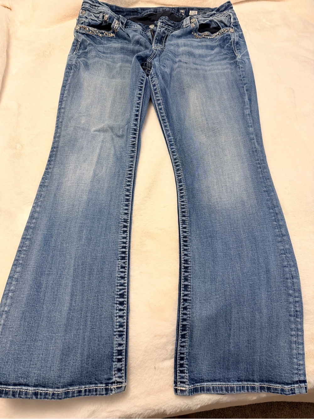 Miss Me Medium Blue Flare Jeans with Embellished Pockets